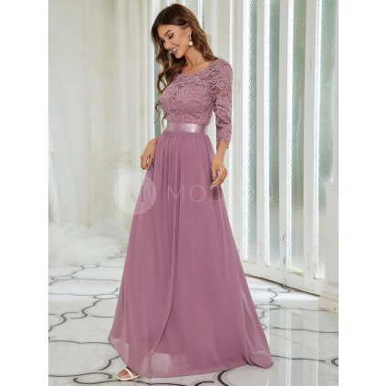 Společenské šaty starorůžové dlouhé šifonové s krajkovými rukávy – Ever Pretty EP07412OD