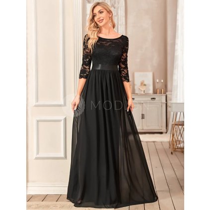Společenské šaty černé dlouhé šifonové s krajkovými rukávy – Ever Pretty EP07412BK