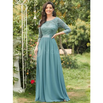 Společenské šaty dlouhé modré šifonové s krajkou – Ever Pretty EP07412DB, prodává Modion.cz