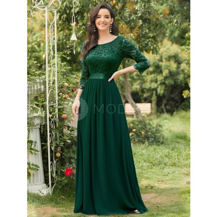 Šaty na svatbu smaragdové šifonové s krajkovými rukávy – Ever Pretty EP07412DG