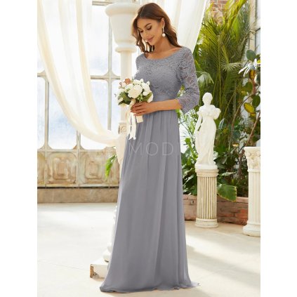 Šaty na svatbu světle šedé šifonové s krajkovými rukávy – Ever Pretty EP07412GY