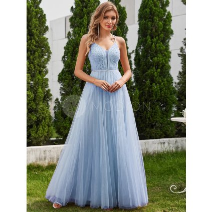 Společenské šaty dlouhé modré tylové s perlami – Ever Pretty EH02075BL, prodává Modion.cz