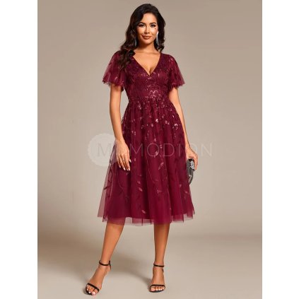 Společenské midi šaty vínové červené – Elisabetta (přední pohled)