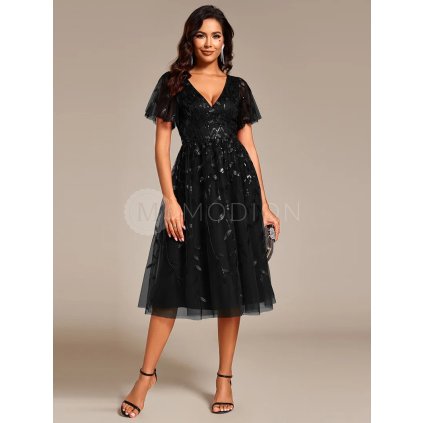 Společenské šaty černé tylové midi třpytivé s flitry a rukávem – Ever Pretty EG02230BK