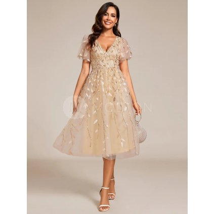 Společenské midi šaty zlaté – Elisabetta (přední pohled)