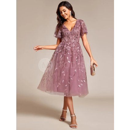 Společenské midi šaty starorůžové – Elisabetta (přední pohled)