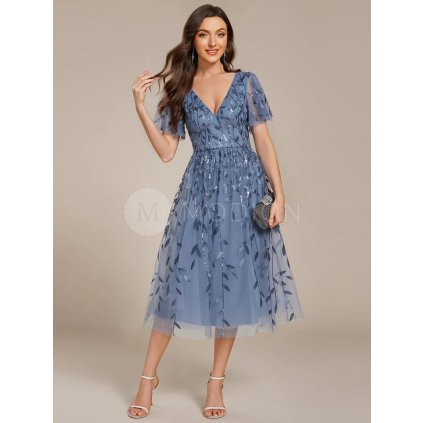 Společenské midi šaty modrošedé – Elisabetta (přední pohled)