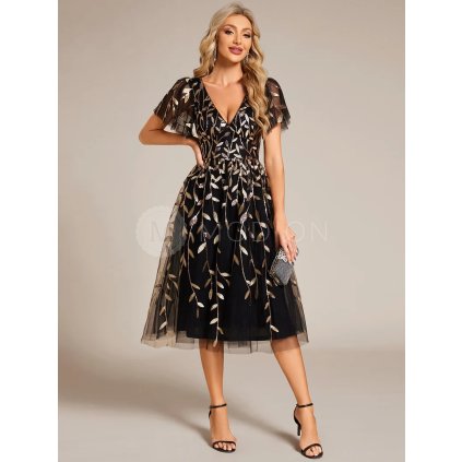 Společenské šaty černozlaté tylové midi třpytivé s flitry a rukávem – Ever Pretty EG02230KG