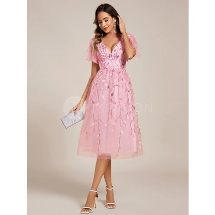 Společenské midi šaty růžové – Elisabetta (přední pohled)