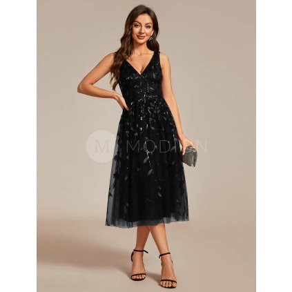Společenské šaty černé tylové s flitry midi – Ever Pretty EG02106BK
