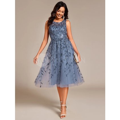 Společenské šaty modrošedé tylové třpytivé midi na ramínka – Ever Pretty EG20736DN