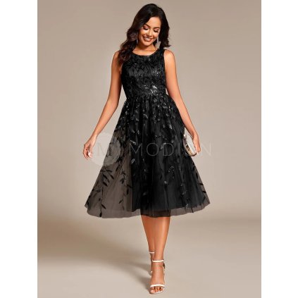 Společenské šaty černé tylové třpytivé midi na ramínka – Ever Pretty EG20736BK