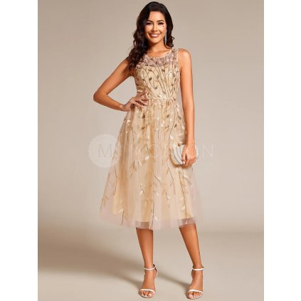 Společenské šaty zlaté tylové třpytivé midi na ramínka – Ever Pretty EG20736GD