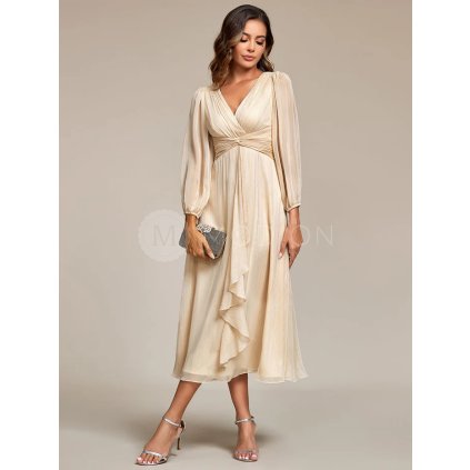 Společenské šaty béžové třpytivé midi s rukávem – Ever Pretty EE01977CH