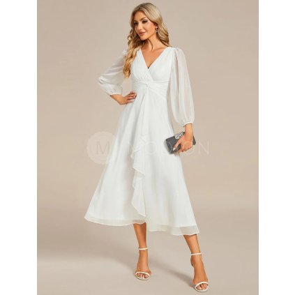 Společenské šaty bílé třpytivé midi s rukávem – Ever Pretty EE01977CR