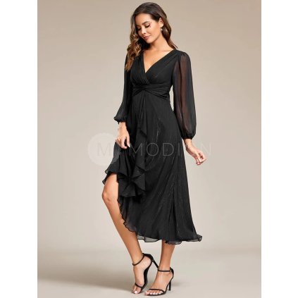 Společenské šaty černé třpytivé midi s rukávem – Ever Pretty EE01977BK
