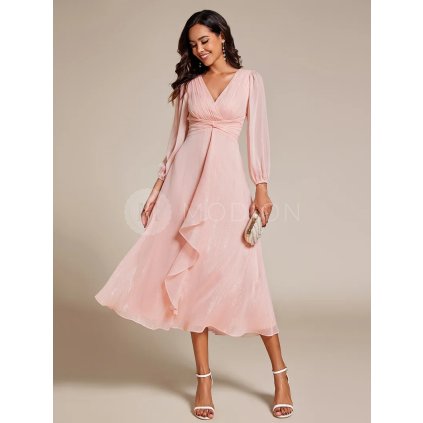 Společenské midi šaty růžové – Daria (přední pohled)