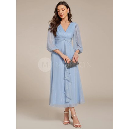 Společenské midi šaty bleděmodré – Daria (přední pohled)