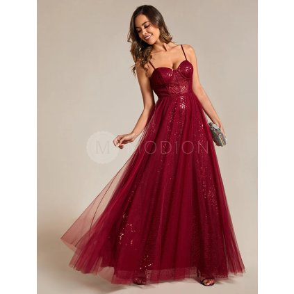 Společenské šaty vínově červené dlouhé tylové s korzetem a princeznovskou sukní – Ever Pretty EE01952BD