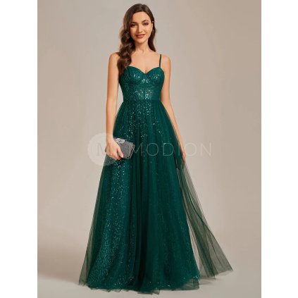 Společenské šaty smaragdově zelené dlouhé tylové s korzetem a princeznovskou sukní – Ever Pretty EE01952DG