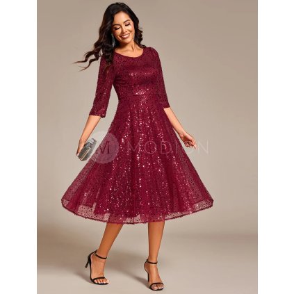 Společenské šaty vínově červené krátké midi flitrové s rukávem – Ever Pretty EG02241BD