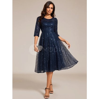 Společenské šaty tmavě modré krátké midi flitrové s rukávem – Ever Pretty EG02241NB
