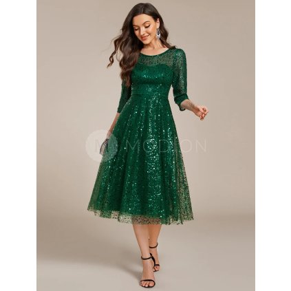 Společenské šaty smaragdově zelené krátké midi flitrové s rukávem – Ever Pretty EG02241DG