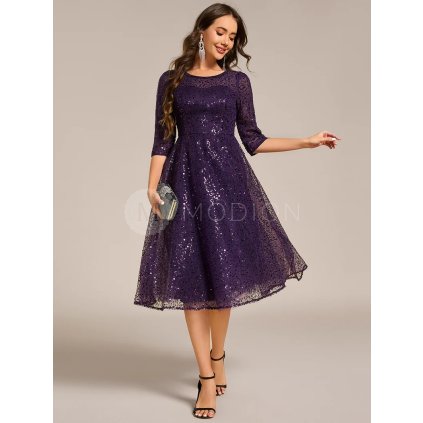 Společenské šaty tmavě fialové krátké midi flitrové s rukávem – Ever Pretty EG02241DP