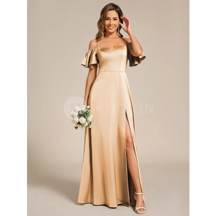 Šaty na svatbu zlaté dlouhé saténové s rozparkem, spadenými rukávy a ramínky – Ever Pretty ES00437CH