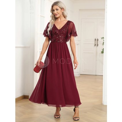 Společenské šaty vínově červené třpytivé s rukávem – Ever Pretty EM01583BD