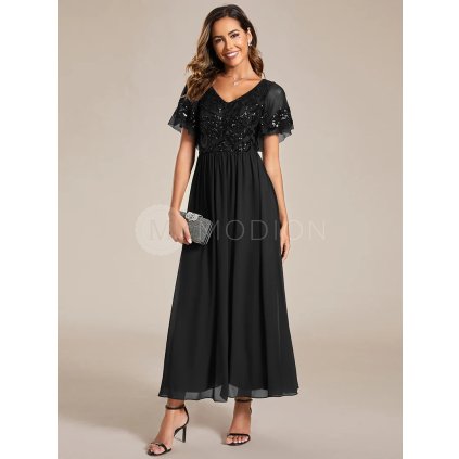 Společenské šaty černé třpytivé s rukávem – Ever Pretty EM01583BK