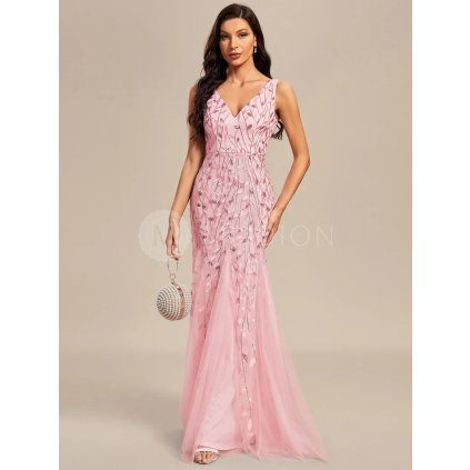 Společenské šaty růžové dlouhé tylové s flitry a třpytivým vzorem – Ever Pretty EP07886PK