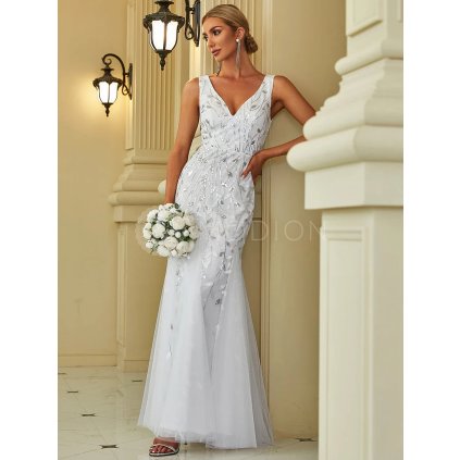 Svatební šaty bílé dlouhé tylové s flitry a třpytivým vzorem – Ever Pretty EP07886WH