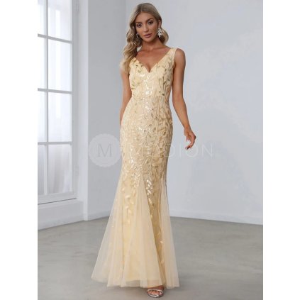 Společenské šaty zlaté dlouhé tylové s flitry a třpytivým vzorem – Ever Pretty EP07886GD