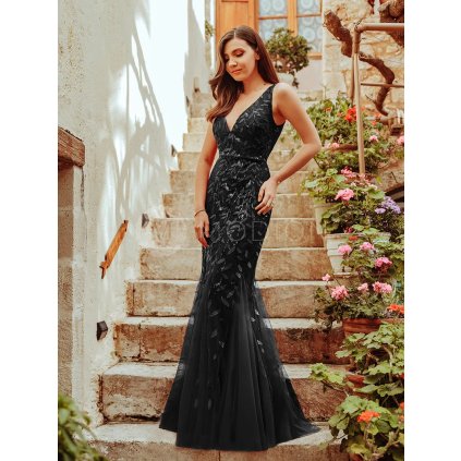 Společenské šaty černé dlouhé tylové s flitry a třpytivým vzorem – Ever Pretty EP07886BK