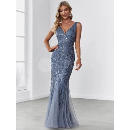Společenské šaty modrošedé dlouhé tylové bodycon - EP07886DN | Modion.cz