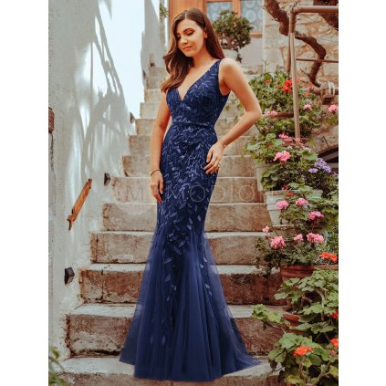 Společenské šaty tmavě modré dlouhé tylové bodycon - EP07886NB | Modion.cz