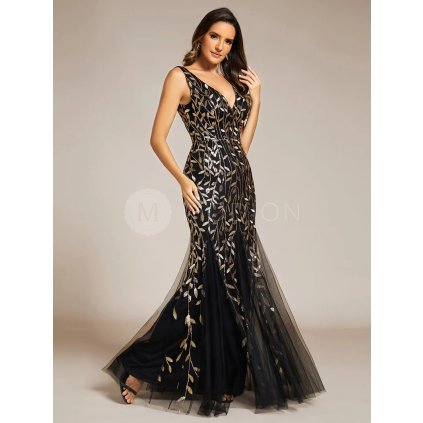 Společenské dlouhé šaty černozlaté – Dione (přední pohled)