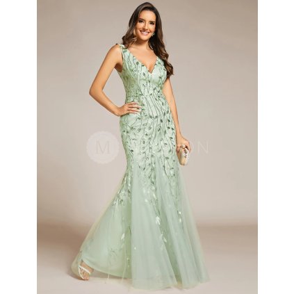 Společenské dlouhé šaty mátové zelené – Dione (přední pohled)