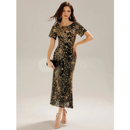 Společenské šaty černozlaté midi třpytivé s flitry - EE02387KG | Modion.cz