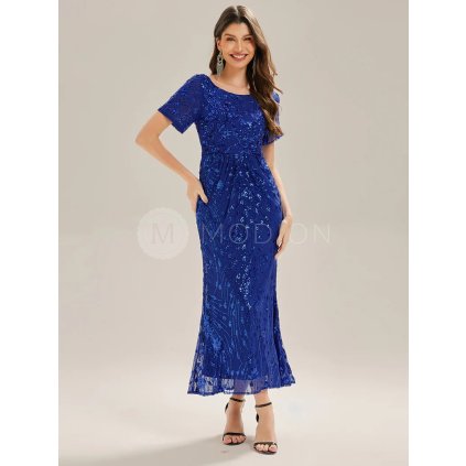 Společenské midi šaty modré safírové – Belladonna (přední pohled)