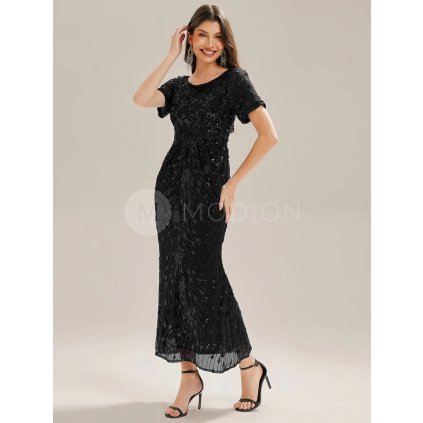 Společenské šaty černé midi tylové s flitry a rukávem – Ever Pretty EE02387BK