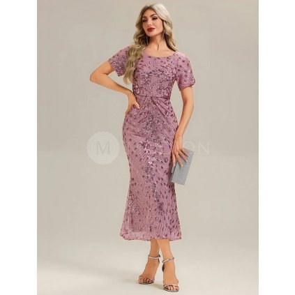 Společenské šaty starorůžové orchidejové midi tylové s flitry a rukávem – Ever Pretty EE02387OD