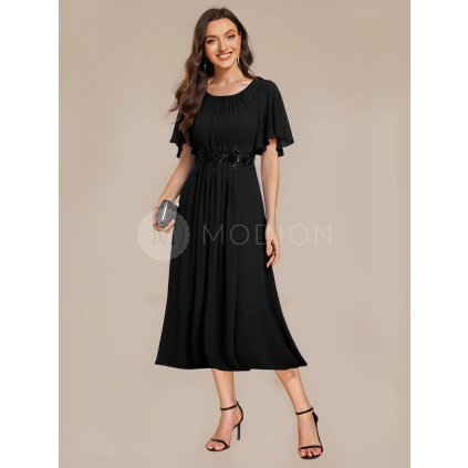 Společenské šaty černé dlouhé šifonové s krajkou, rukávem a kulatým výstřihem – Ever Pretty EE02961BK