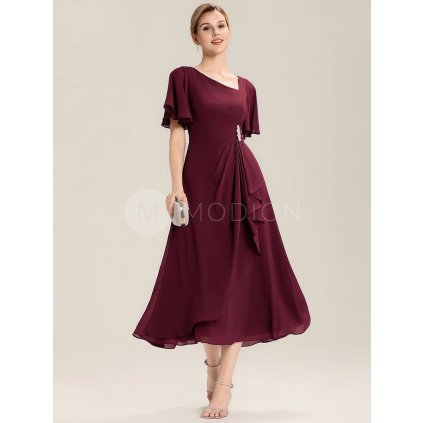 Společenské midi šaty vínové červené – Solenne (přední pohled)