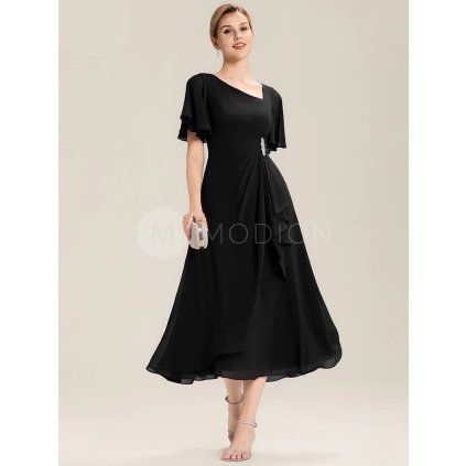 Společenské šaty černé midi šifonové s rukávem a broží v pase – Ever Pretty EE02463BK