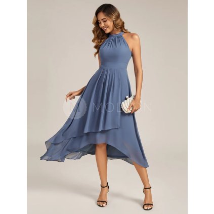Společenské šaty modrošedé asymetrické s halter výstřihem – Ever Pretty EG31927DN