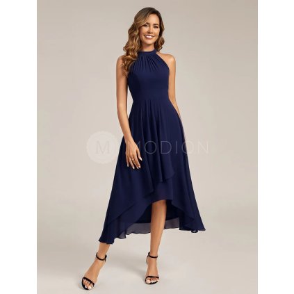 Plesové šaty tmavě modré asymetrické s halter výstřihem – Ever Pretty EG31927NB