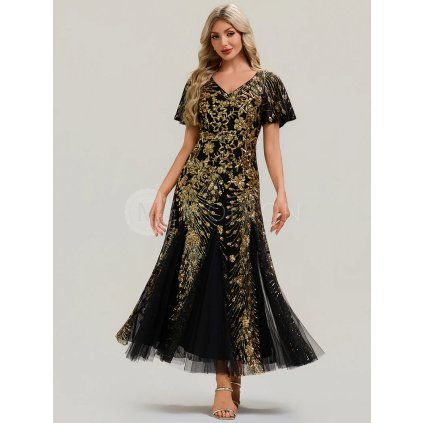 Společenské šaty dlouhé černozlaté tylové s flitry – Ever Pretty EE02547KG, prodává Modion.cz