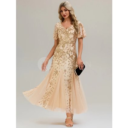 Společenské šaty zlaté dlouhé tylové s flitry – Ever Pretty EE02547GD